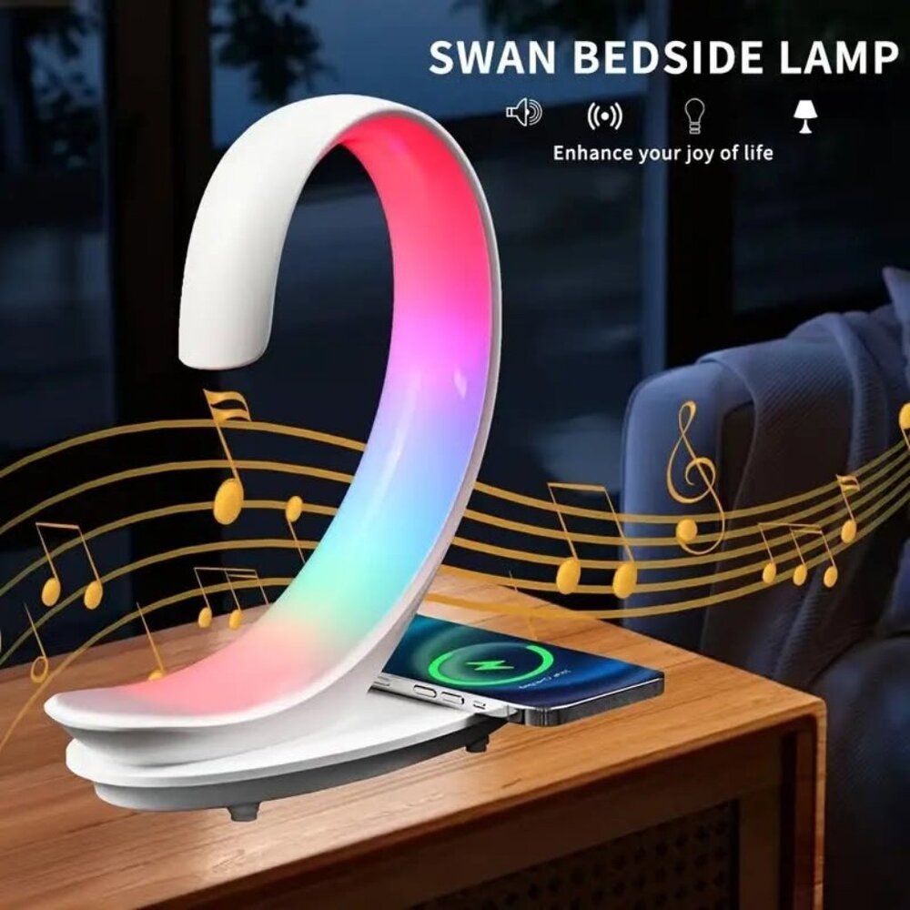 LED Swan Table Lamp with RGB Rhythm Light, Wireless Charger & Speaker